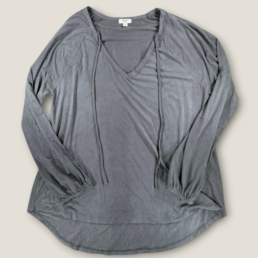 Dylan Gray Faux Suede Blouse Medium Balloon Sleeve Tie Neck Boho Top Soft